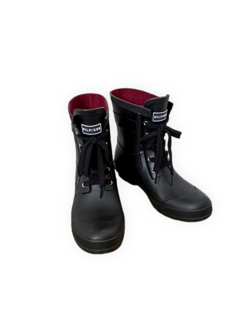 Tommy Hilfiger Black Lace-Up Rain Boot Burgundy Lining Size 10M Waterproof